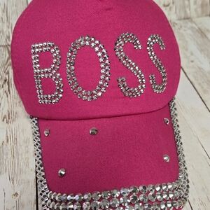 Pink Rhinestone BOSS Hat Bling Studded Baseball Cap Adjustable EUC